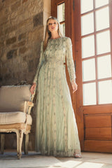 Green Embellished Mesh Long Sleeve A Line Gown