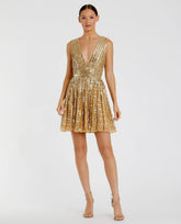 Gold Embellished Sleeveless V Neck A Line Dress