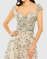 Ivory Floral Embroidered Sweetheart Neckline Midi Dress