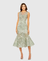 Sage Green Sleeveless Embroidered Trumpet Midi Dress
