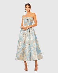 Blue Strapless Brocade Midi Dress with Pockets