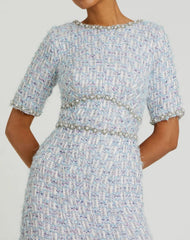 Blue Short Sleeve Beaded Trim Boucle Midi Dress