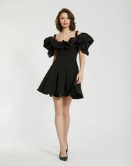 Black Crepe Godet Hem Mini Dress With Faille Ruffle