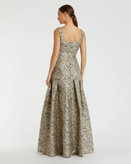 Gold Metallic Jacquard Gown with Square Neckline and Box Pleats