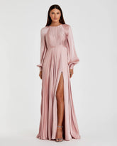 Pink Pleated High Neck Raglan Long Sleeve Side Slit Gown