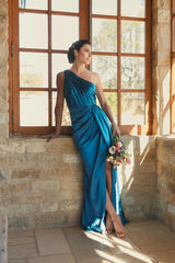 Blue Gathered One Shoulder Satin Faux Wrap Gown