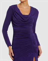 Purple Long Sleeve Cowl Neck Jersey Gown With Slit