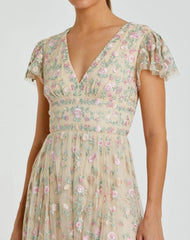 Beige Multicolor Embroidered V Neck Cap Sleeve Midi Dress