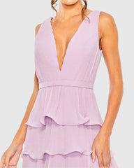 Purple Deep V Chiffon Sleeveless Ruffle Midi Dress