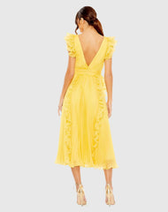 Yellow Pleated Chiffon V Neck Ruffle Midi Dress
