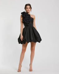 Black Taffeta One Shoulder Ruffle Bubble Mini Dress