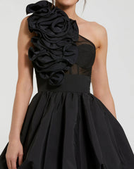 Black Taffeta One Shoulder Ruffle Bubble Mini Dress