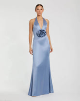 Blue Satin Halter Slip Dress with Rosette Detail