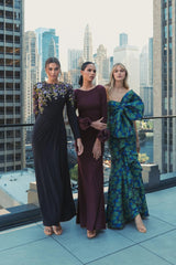 Purple Long Sleeve Fitted Jersey Gown With 3D Flowers