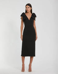 Black Bow Strap Crepe Fitted Midi Dress