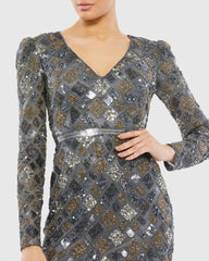 Gray Long Sleeve Geometric Sequin Midi Dress