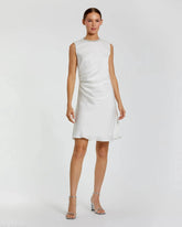White Rhinestone Neckline Draped Mini Dress