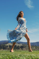 Blue Puff Sleeve Floral Printed Dress