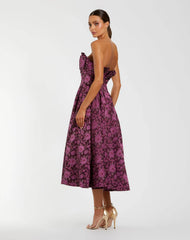 Purple Strapless Floral Brocade A-line Midi Dress