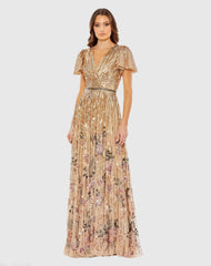 Gold Flounce Sleeve V Neck Gown