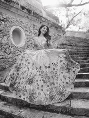 Gold Flounce Sleeve V Neck Gown