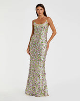 Multicolor Sleeveless Floral Paillette Embellished Mesh Gown
