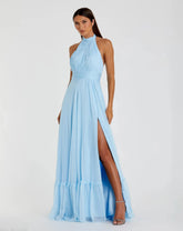 Blue High Neck Tiered Chiffon Halter Gown