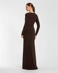 Brown Faux Wrap Long Sleeve Evening Gown with Appliqué Detail