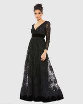 Black Lace Long Sleeve V-Neck Wrap Over Gown