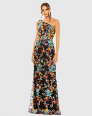 Black Multicolor One Shoulder Floral Sequin Lace Up Gown