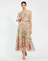 Pink One Shoulder Lace Embroidered Dress