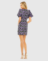 Purple and Black Bubble Sleeve Brocade Mini Dress