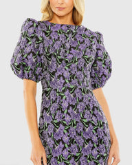 Purple and Black Bubble Sleeve Brocade Mini Dress