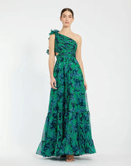 Green One Shoulder Ruffle Tiered Cut-Out Chiffon Gown