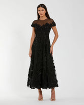 Black Embellished Lace Illusion Neck A-Line Midi Dress