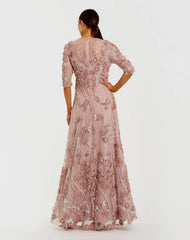 Pink High Neck Embellished Lace Gown with 3/4 Sleeves
