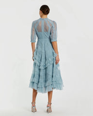 Blue High Neck Ruffle Tiered A-Line Midi Dress