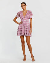 Purple Deep V Lace Back Puff Sleeve Mini Dress