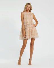 Beige Sleeveless High Neck Beaded Ruffle Mini Dress