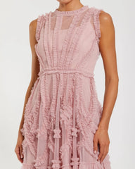 Pink High Neck Sleeveless Micro Ruffle Mini Dress
