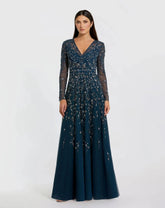 Navy Embellished Wrap Over Illusion Long Sleeve A Line Gown