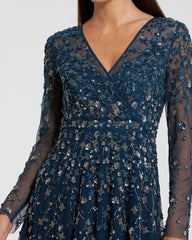 Navy Embellished Wrap Over Illusion Long Sleeve A Line Gown