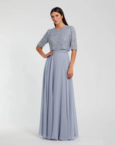 Blue Chiffon Gown w/ Fully Beaded 3/4 Sleeve Top