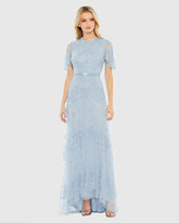 Blue Sequined High Neck Flutter Sleeve A Line Gown