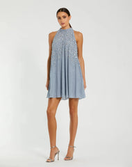 Blue High Neck Sleeveless Sequin Embellished Trapeze Dress