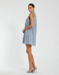 Blue High Neck Sleeveless Sequin Embellished Trapeze Dress