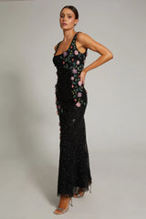 Black Floral Beaded Mesh Scoop Neck Sleeveless Gown