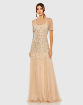 Gold High Neck Short Sleeve Sequin Embellished Gown