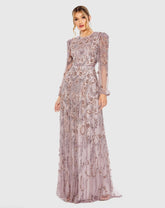 Purple Puff Sleeve Embellished A Line Gown