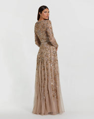 Beige Long Sleeve Hand Embellished Gown